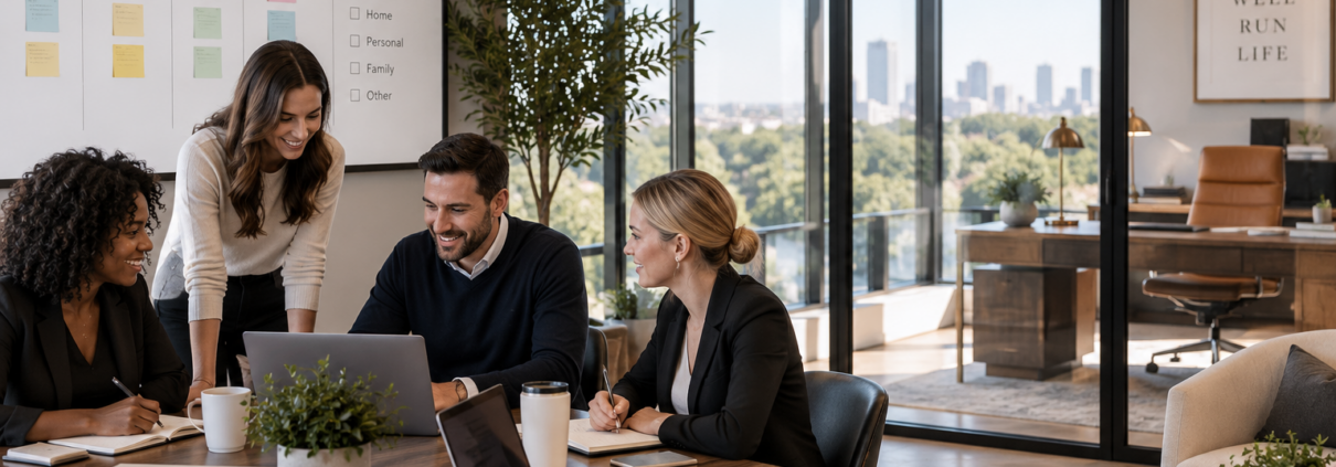 Lifestyle management team collaborating in a modern office while the owner’s office sits empty, representing organized, owner-independent business operations.