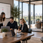 Lifestyle management team collaborating in a modern office while the owner’s office sits empty, representing organized, owner-independent business operations.
