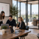 Lifestyle management team collaborating in a modern office while the owner’s office sits empty, representing organized, owner-independent business operations.